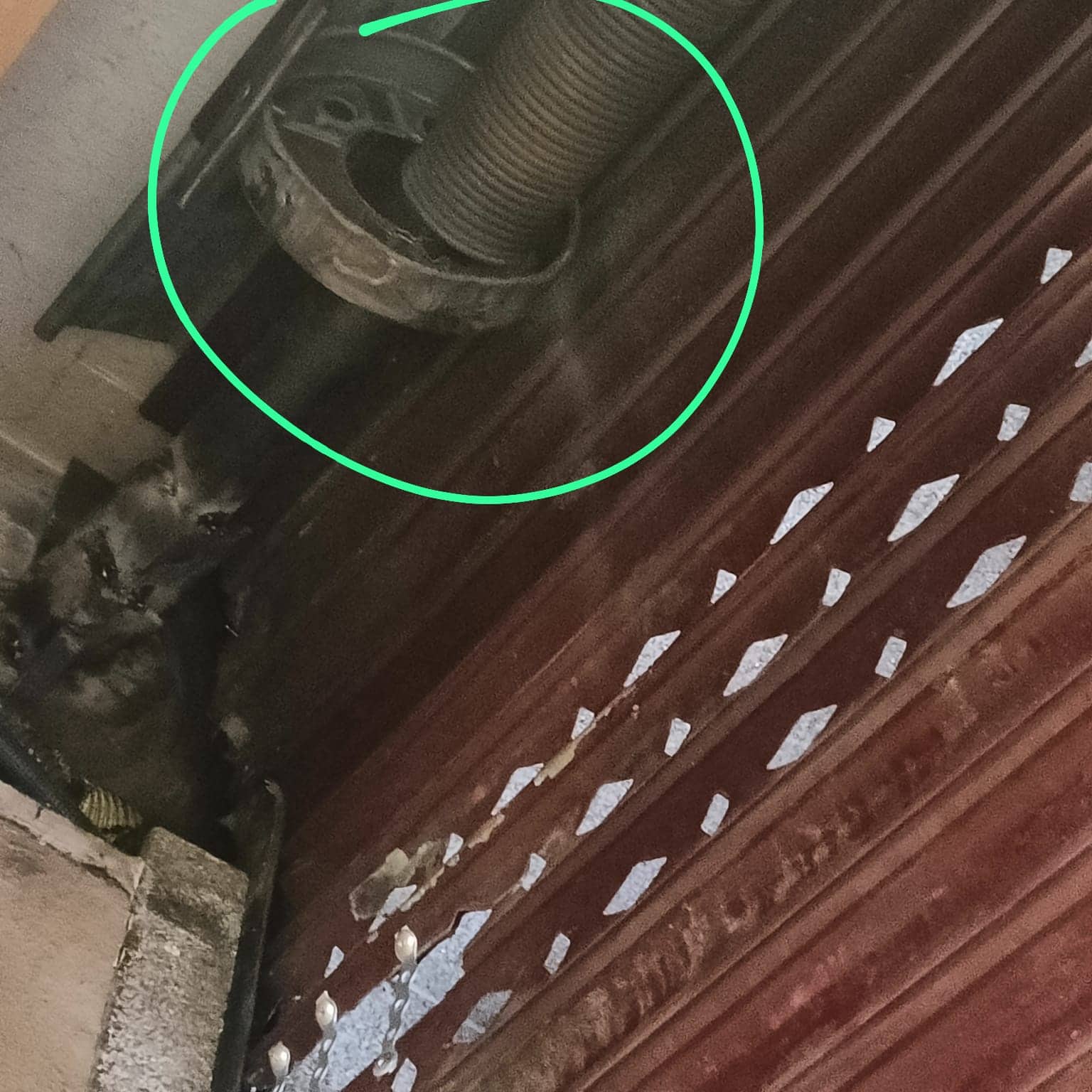Eje y muelle de una persiana metálica de local señalados sobre la foto de diagnóstico